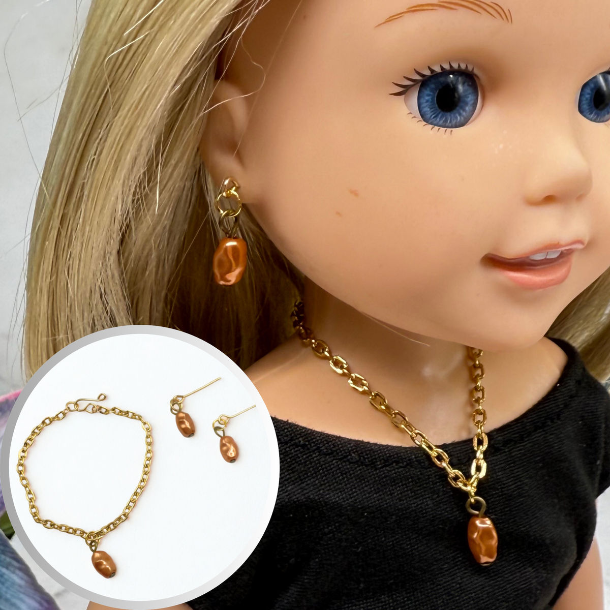 ✨ Handmade Doll Jewelry Designed to Fit popular 14 Inch Fashion Dolls: add a stylish touch to your favorite doll!✨

Brown Pearl Drop Gold Doll Necklace & Earrings