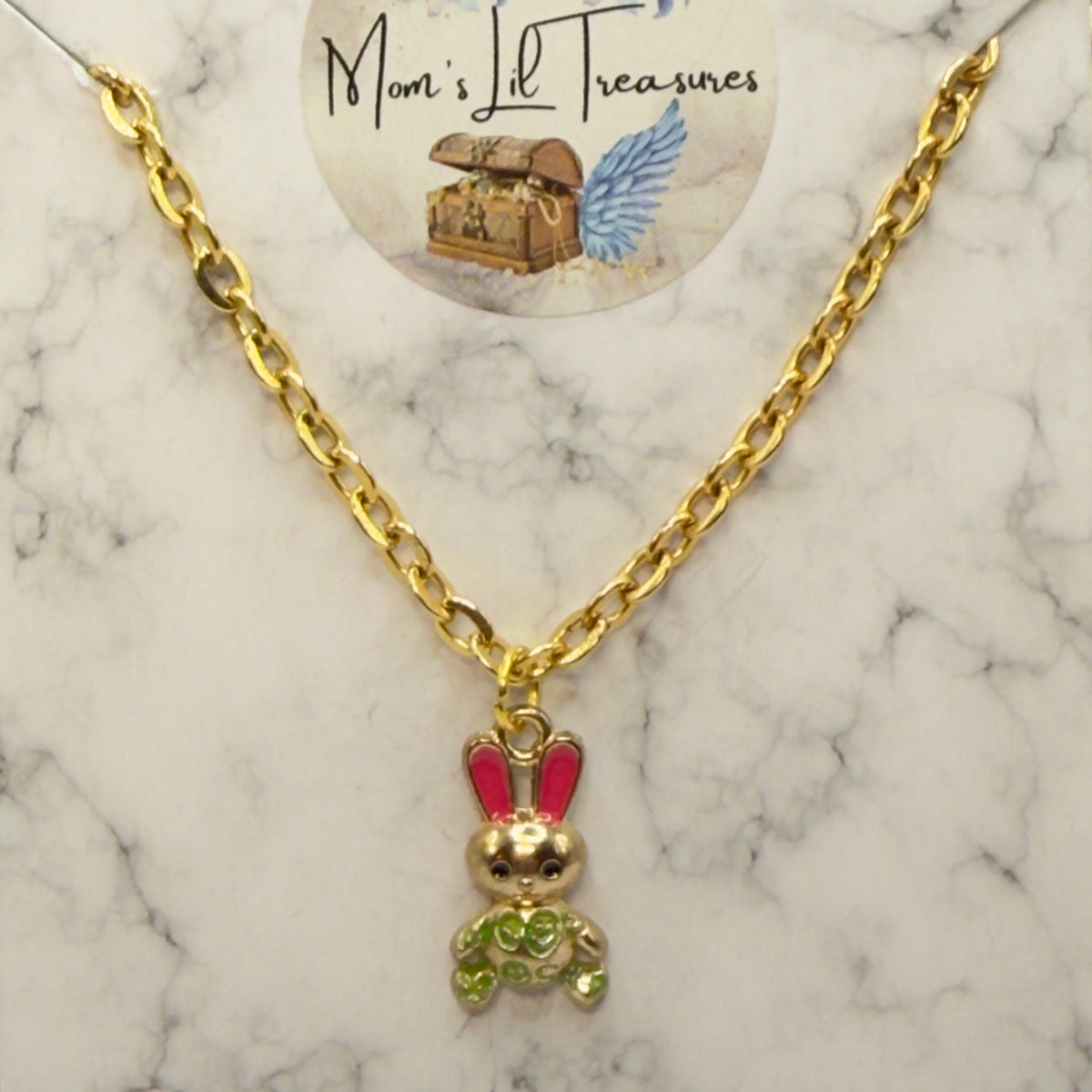 Bunny Pink & Green Enamel Detail Charm Doll Necklace Easter • 18 Inch Fashion Doll Jewelry