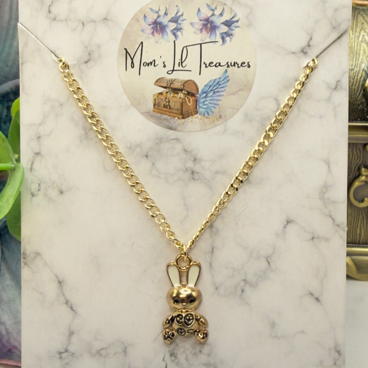 Bunny White & Black Enamel Detail Charm Doll Necklace Easter • 18 Inch Fashion Doll Jewelry