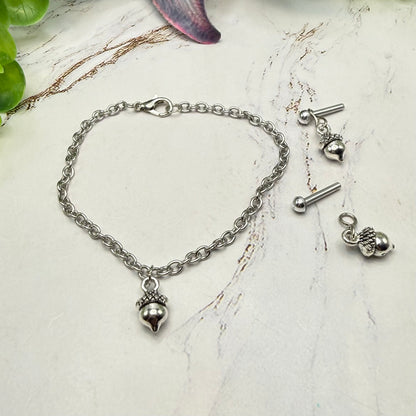 Acorn Harvest Autumn Charm Silver Doll Necklace and 2mm Post Earrings Set | for 18 Inch Fashion Doll • American Girl