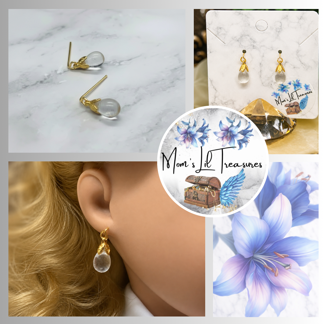 Clear Glass Teardrop Gold Filigree Doll Earrings • 18 Inch Fashion Doll Jewelry