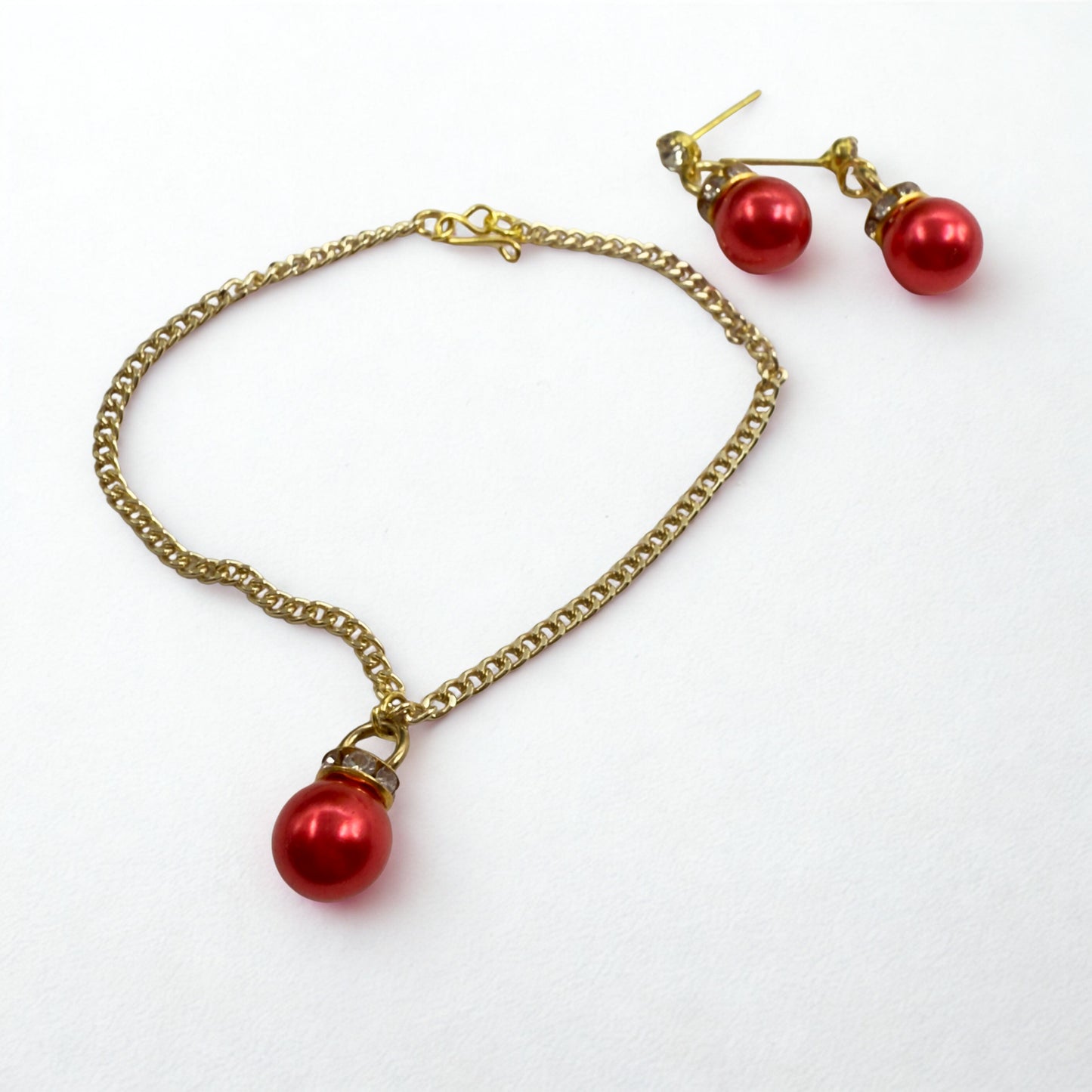 Red Pearly Christmas Ornament Charm Doll Necklace & Earrings Set • 18 Inch Fashion Doll Jewelry