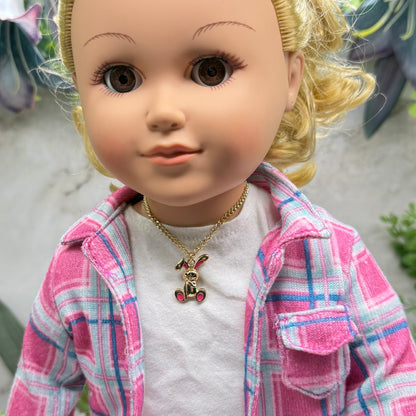 Bright Pink Accent Floppy Ear Bunny Charm Gold Doll Necklace • 18 Inch Fashion Doll Jewelry