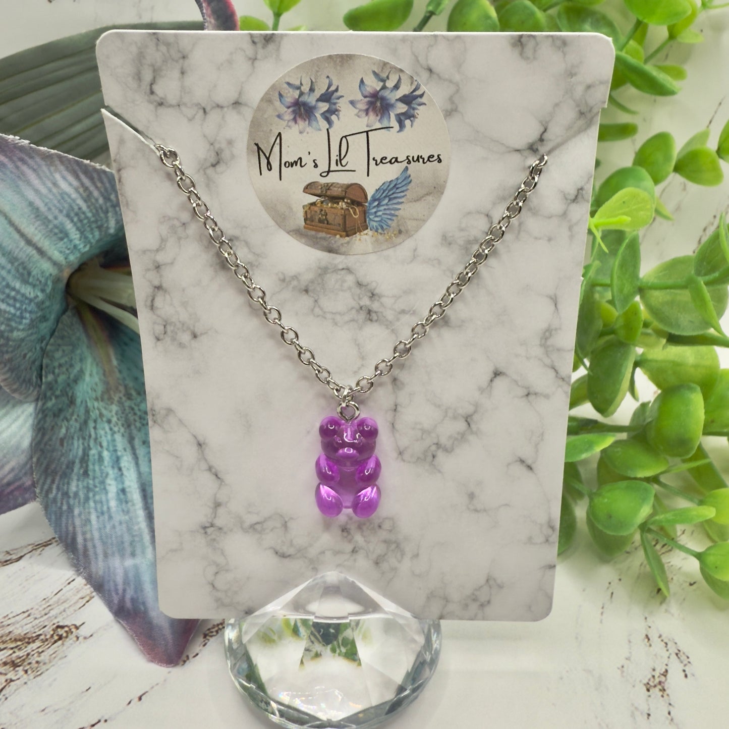 Translucent Purple Gummy Teddy Bear Charm Doll Necklace • 18 Inch Fashion Doll Jewelry