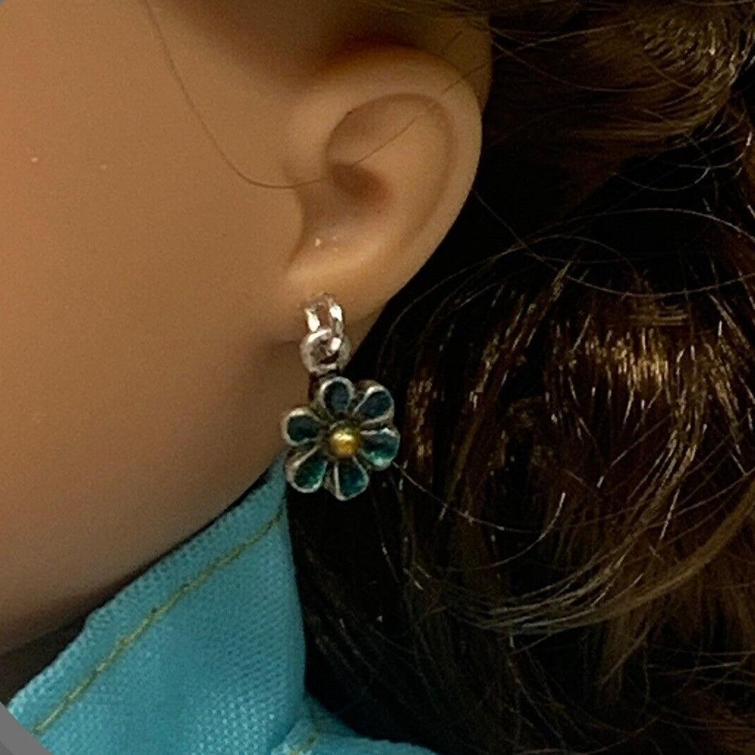 Turquoise Blue Flower Enamel Dangle Doll Earrings · 14 Inch Doll Jewelry
