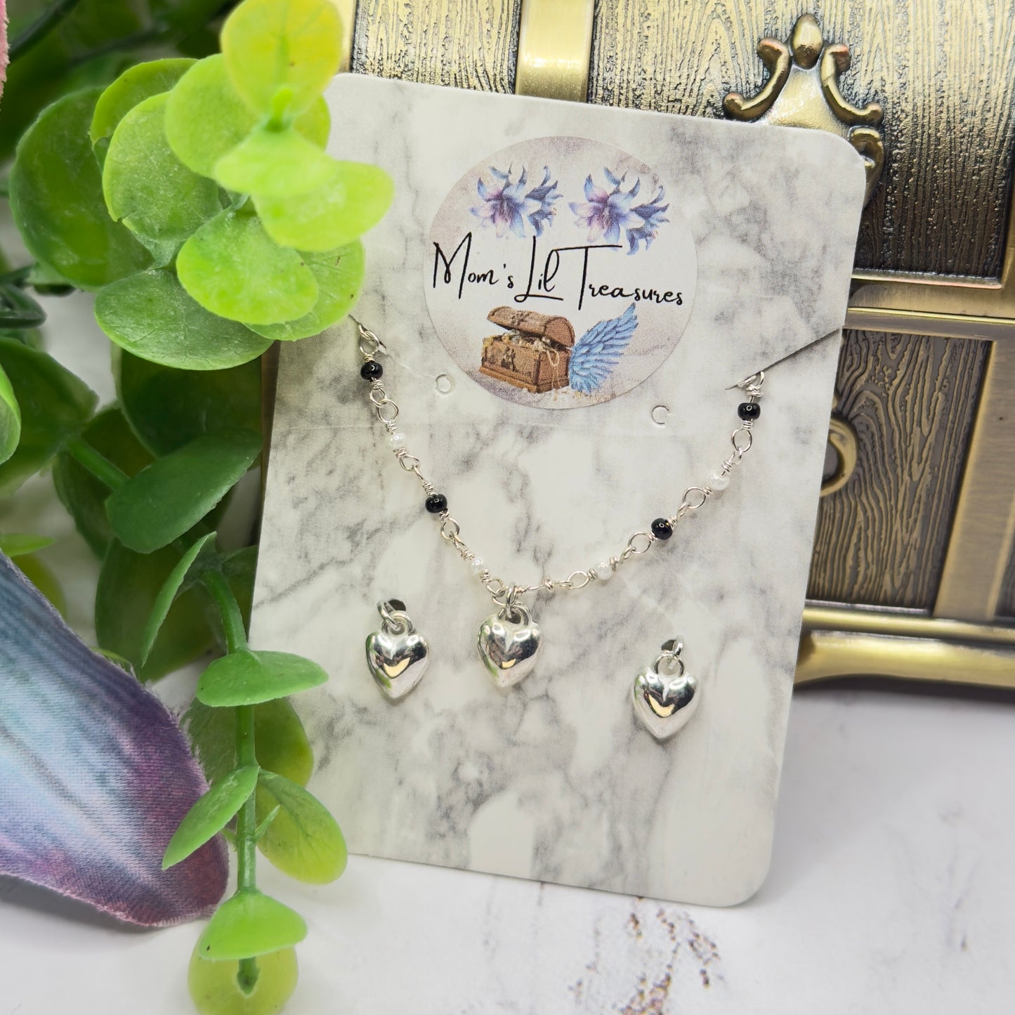 Black & Pearl Beaded Silver Heart Charm Doll Necklace & Earrings • 14 Inch Fashion Doll Jewelry