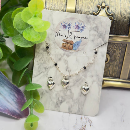 Black & Pearl Beaded Silver Heart Charm Doll Necklace & Earrings • 14 Inch Fashion Doll Jewelry