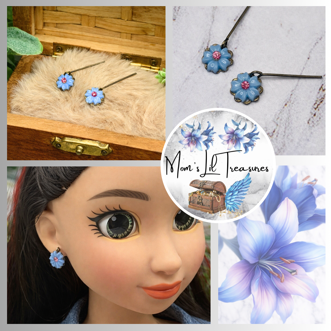 Light Blue Flower Pink Rhinestone Dangle Doll Earrings • 18 Inch Doll Jewelry