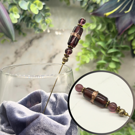 Purple Glass Gold Accent Cylinder Shaped Hatpin - Stick Pin • 6” Pin