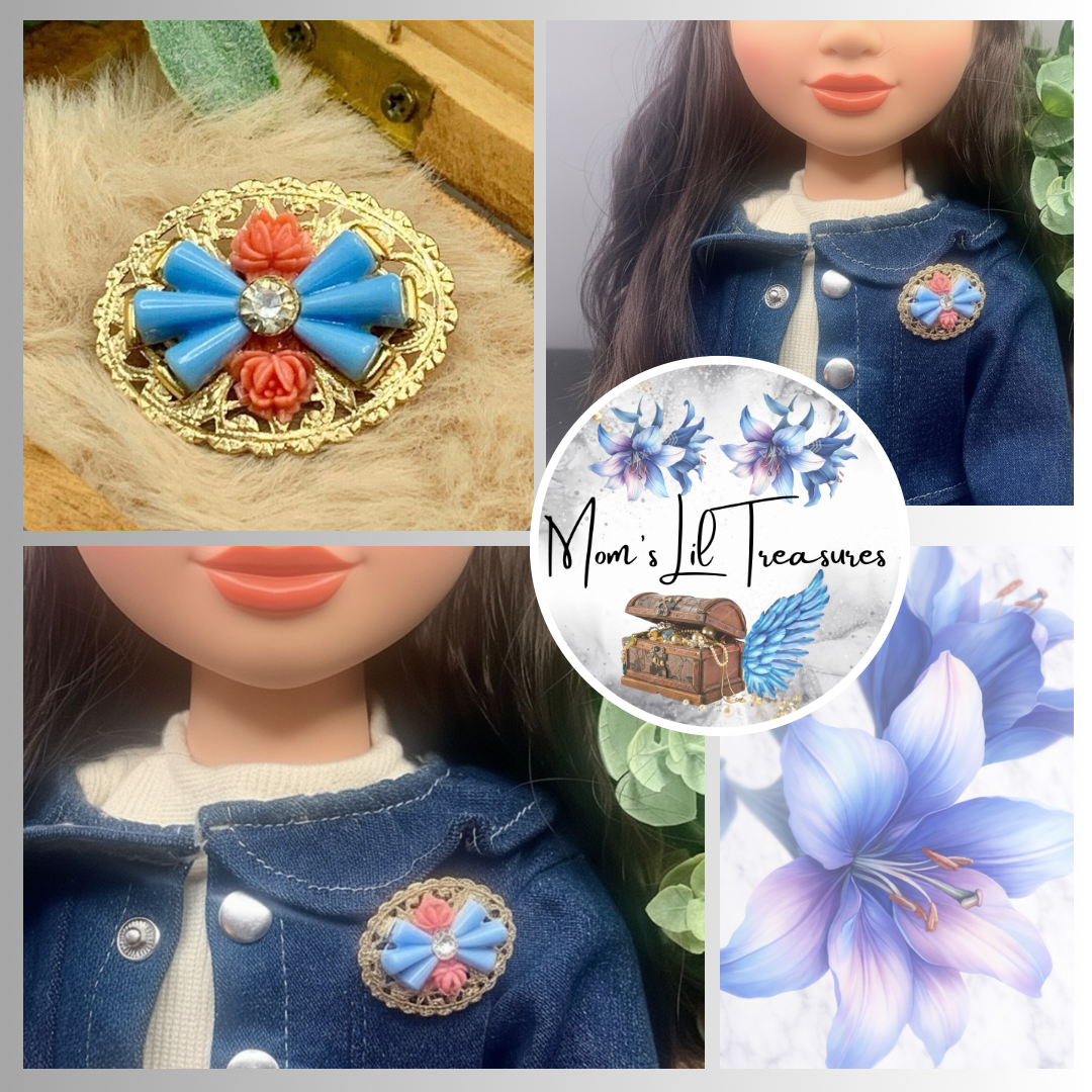 Gold Tone Oval Filigree Blue & Coral Rose Accents Pin • Doll Brooch