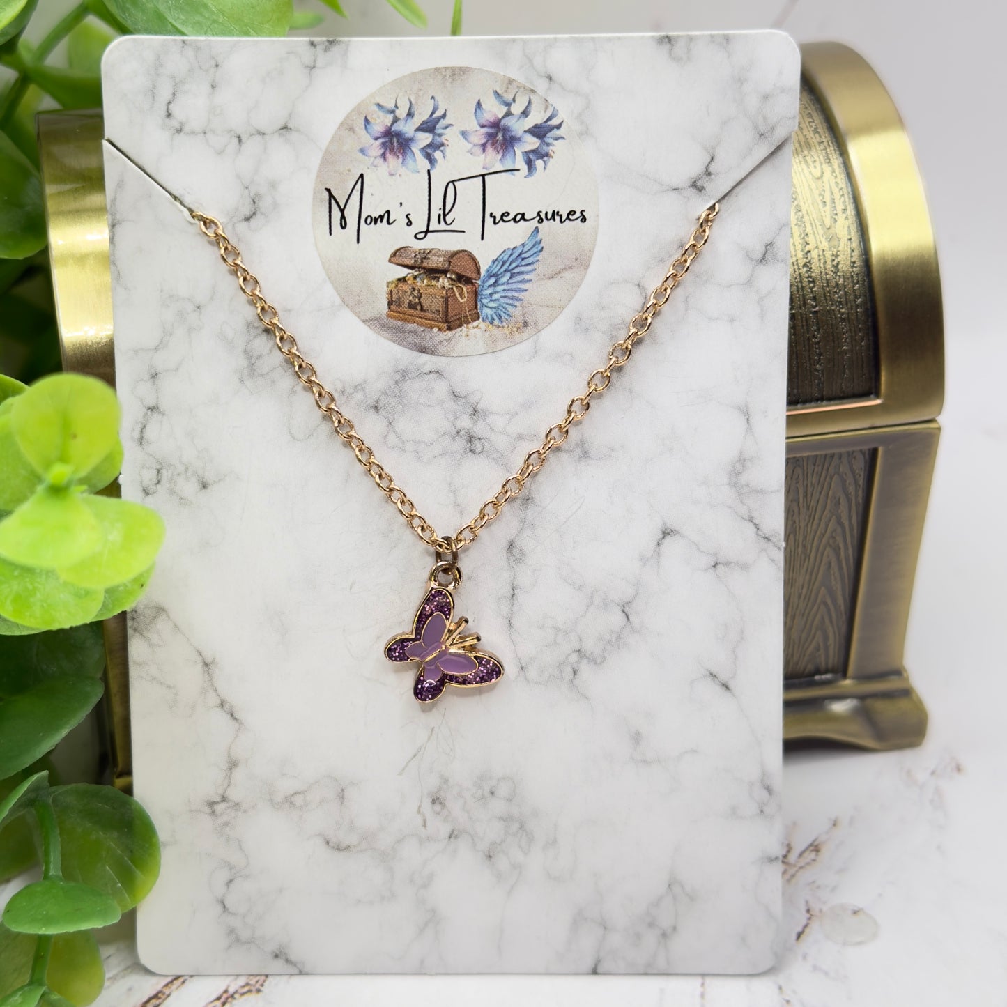Purple Enamel Butterfly Charm Gold Doll Necklace • 18 Inch Fashion Doll Jewelry