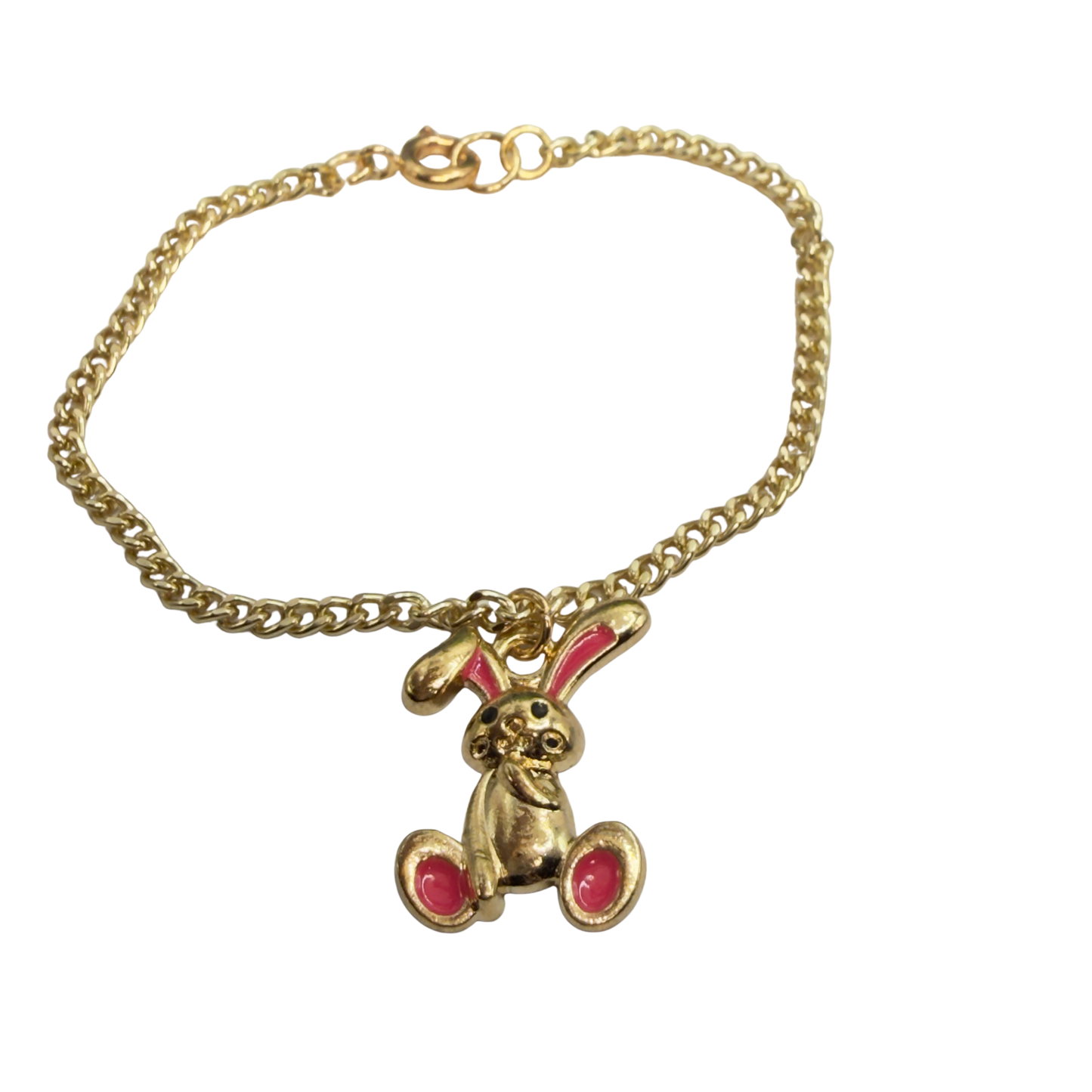 Bright Pink Accent Floppy Ear Bunny Charm Gold Doll Necklace • 18 Inch Fashion Doll Jewelry
