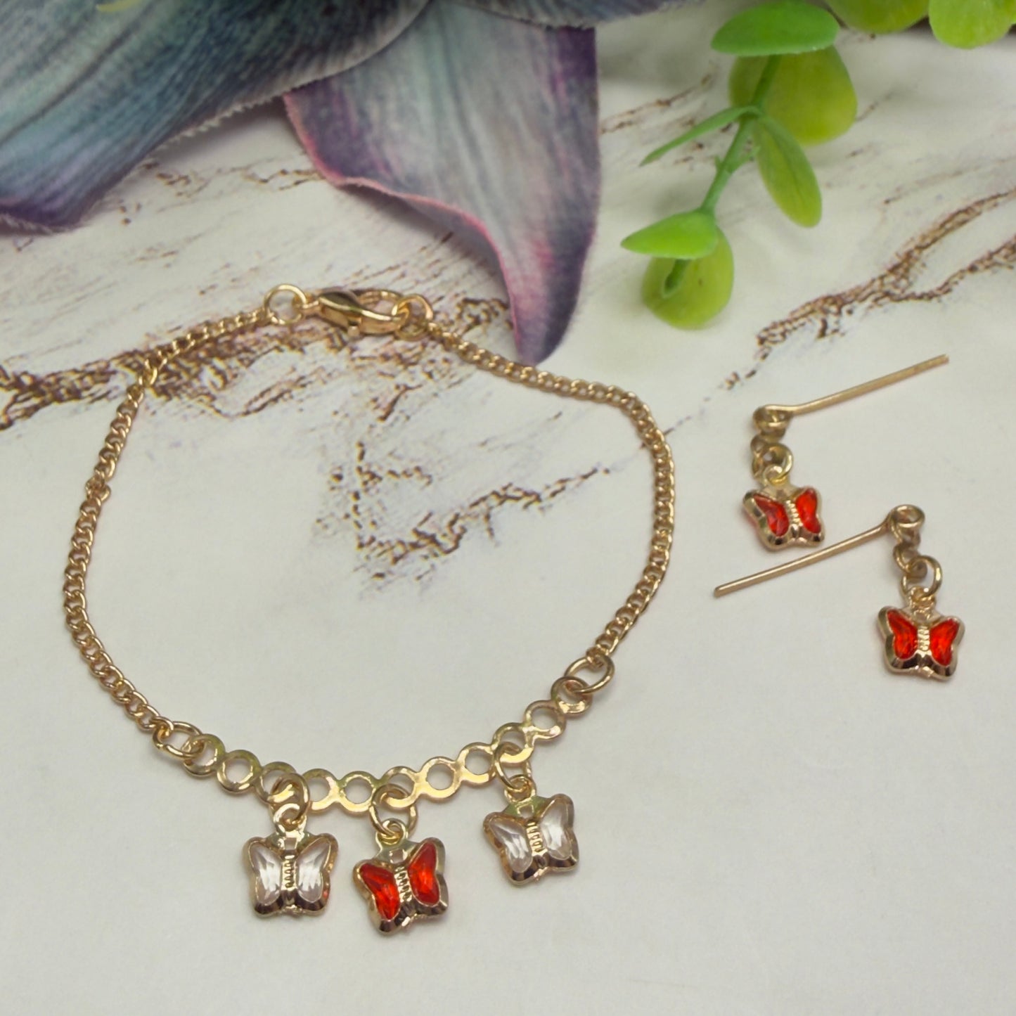 Red & Clear Butterfly Crystal Charms Gold Chain Doll Necklace and Earrings • 18 Inch Fashion Doll Jewelry