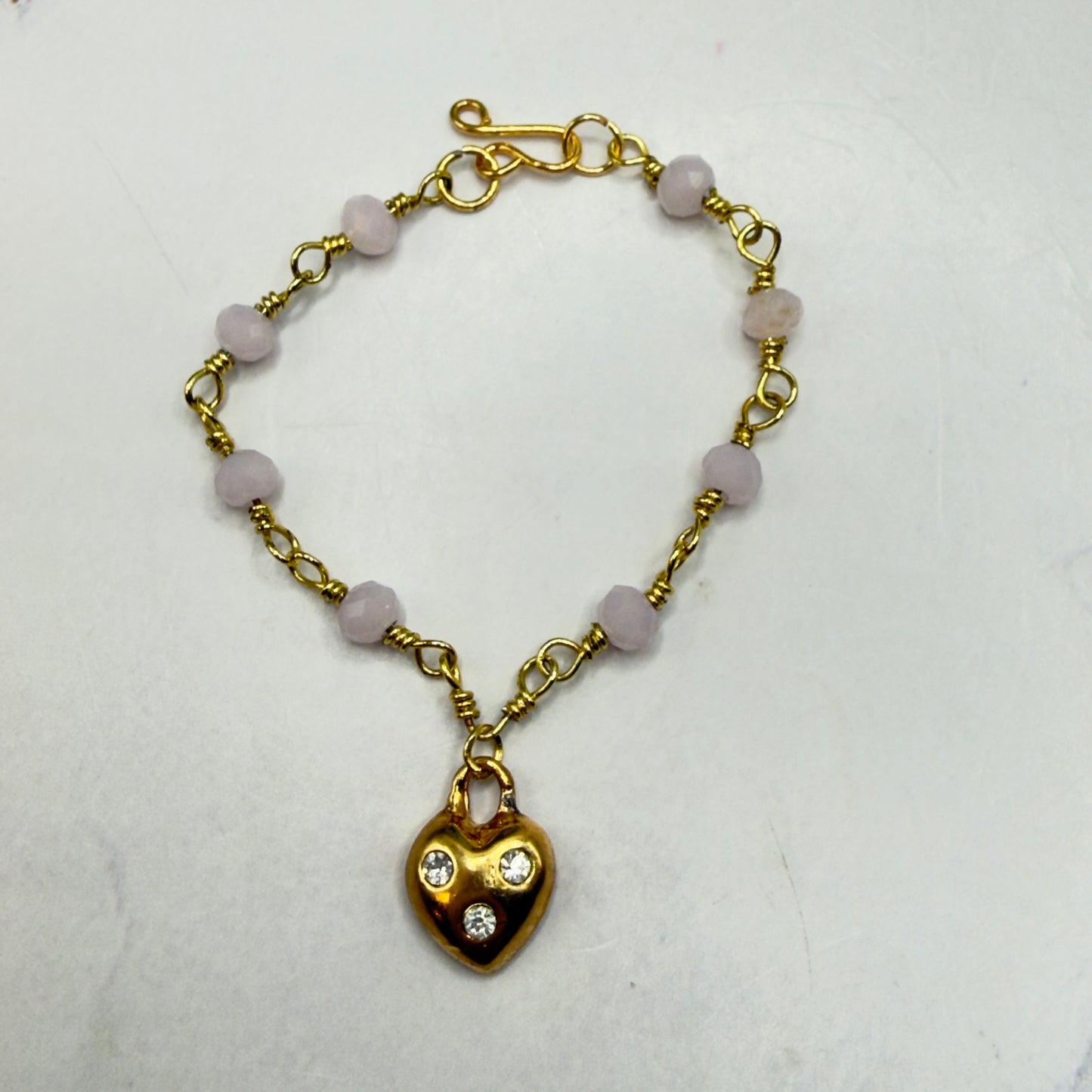 Light Pink Glass Bead Gold Heart Charm Doll Necklace • 14 Inch Fashion Doll Jewelry