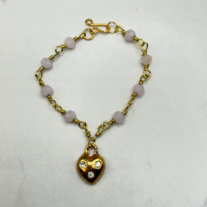 Light Pink Glass Bead Gold Heart Charm Doll Necklace • 14 Inch Fashion Doll Jewelry