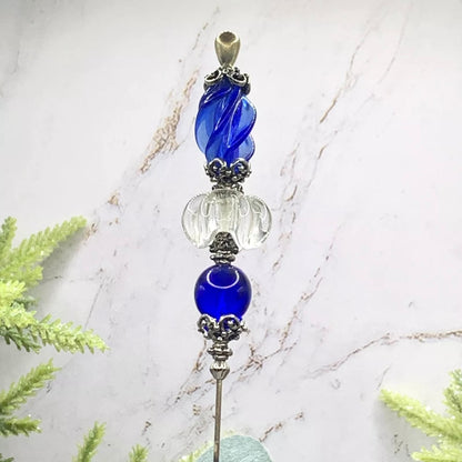 Blue Clear Swirl Glass Silver Filigree Design - 8.75” • Hatpin