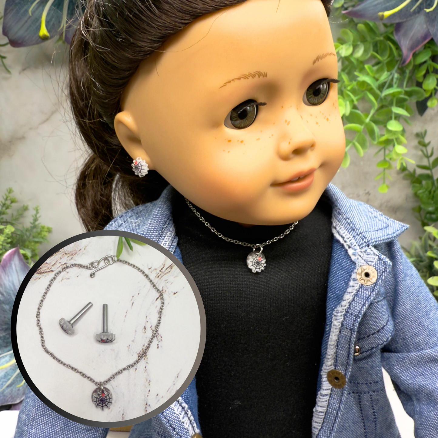 Spider Web Halloween Doll Necklace and 2mm Post Earrings Set • 18 Inch Fashion Doll Jewelry