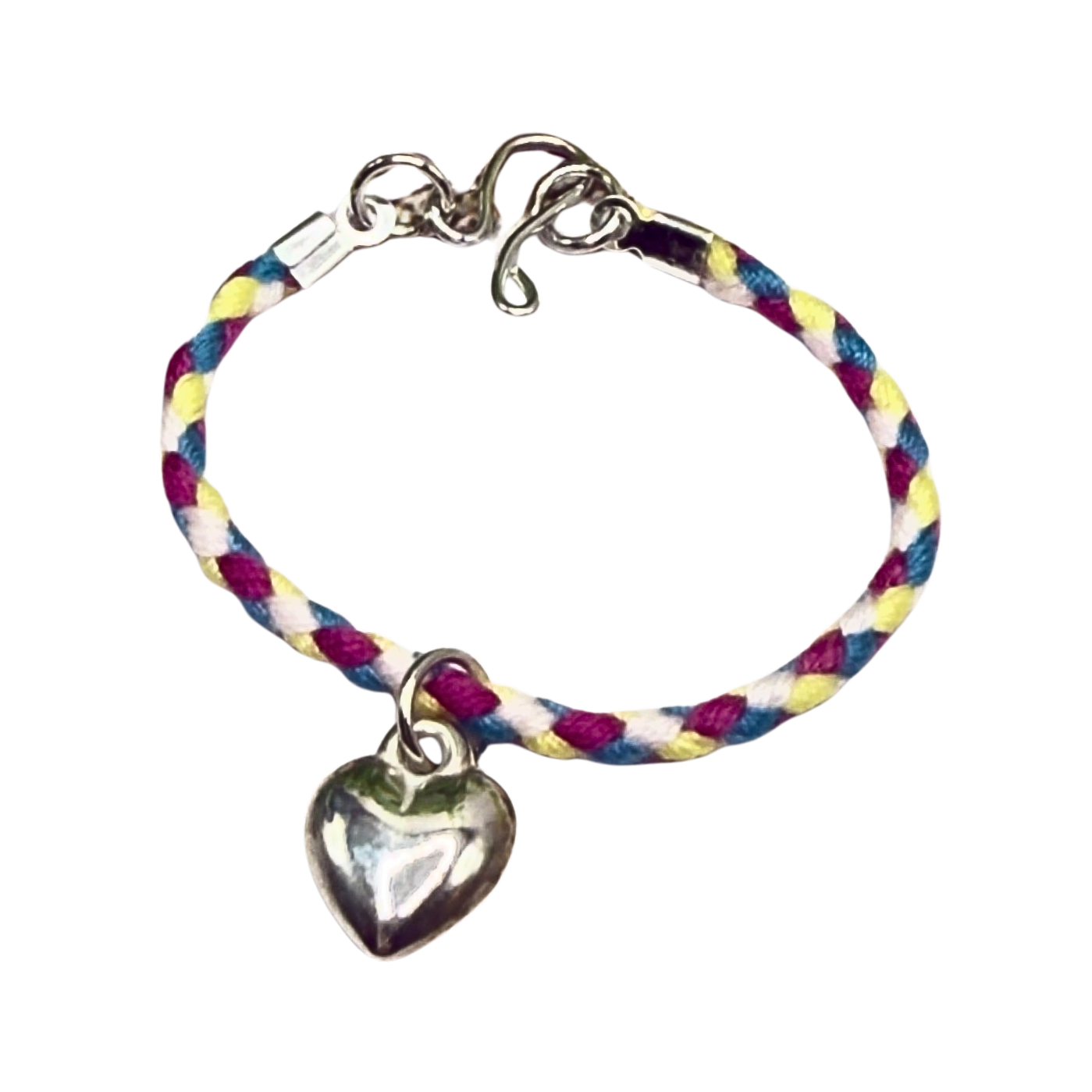Braided Purple Blue Yellow Fabric Doll Necklace Silver Heart Charm • 14 Inch Fashion Doll Jewelry