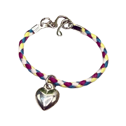 Braided Purple Blue Yellow Fabric Doll Necklace Silver Heart Charm • 14 Inch Fashion Doll Jewelry