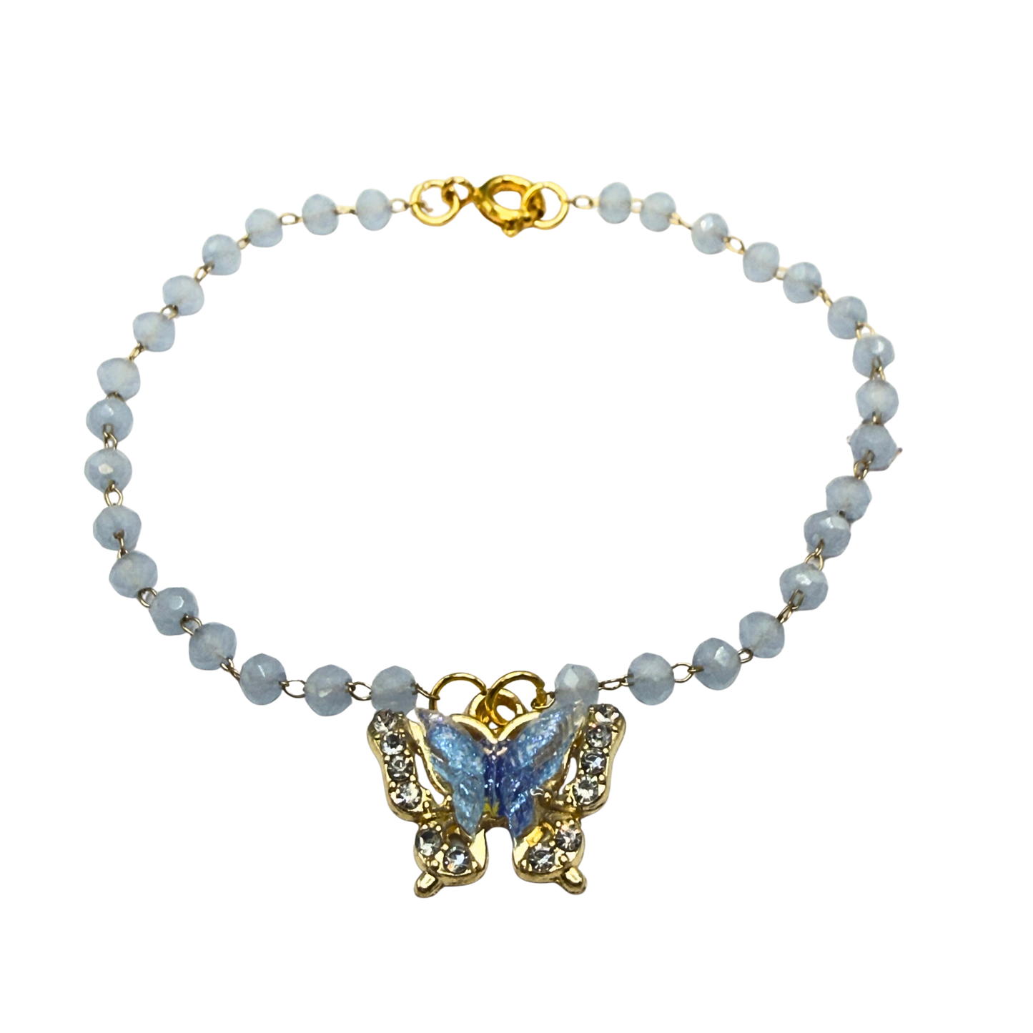 Blue Butterfly Rhinestone Accent Pendant Blue Glass Beaded Doll Necklace • 18 Inch Fashion Doll Jewelry