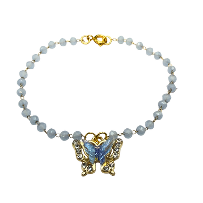 Blue Butterfly Rhinestone Accent Pendant Blue Glass Beaded Doll Necklace • 18 Inch Fashion Doll Jewelry
