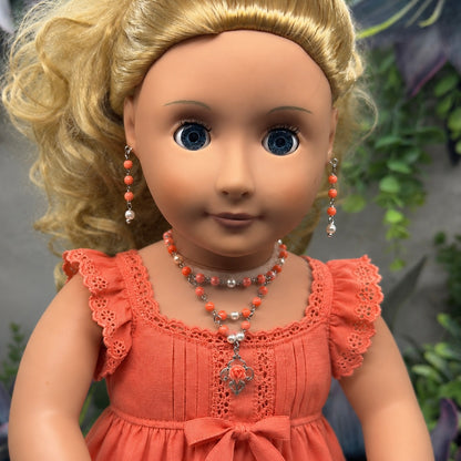 Coral Orange & Pearl Filigree Dangle Silver Doll Necklace & Earrings • 18 Inch Fashion Doll Jewelry