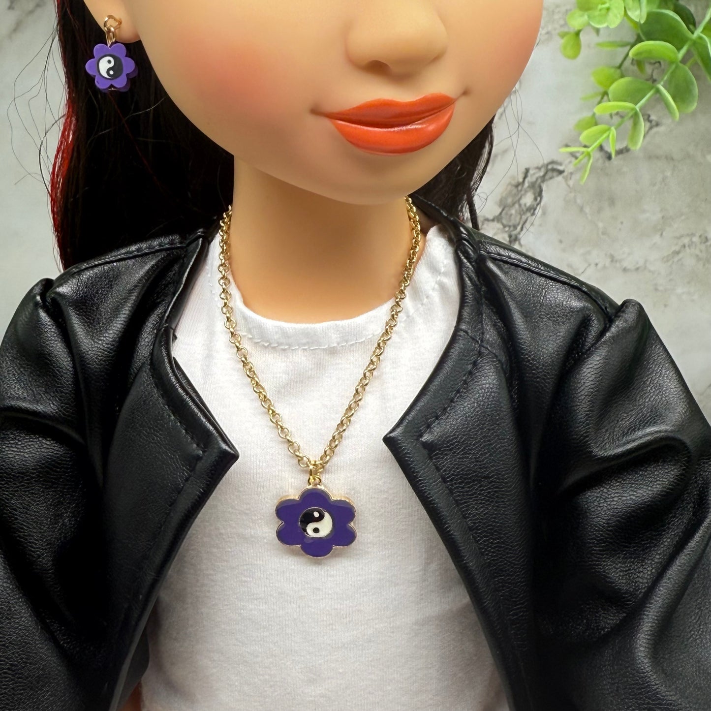 Yin-Yang Purple Flower Charm Doll Necklace &  Earrings • 18 Inch Fashion Doll Jewelry