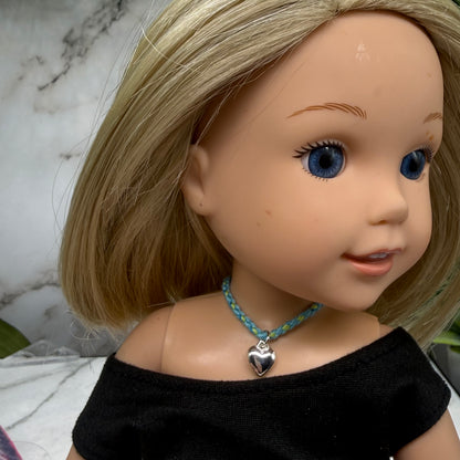Turquoise Blue Green Braided Thread Doll Necklace w/ Silver Heart Charm • 14 Inch Fashion Doll Jewelry