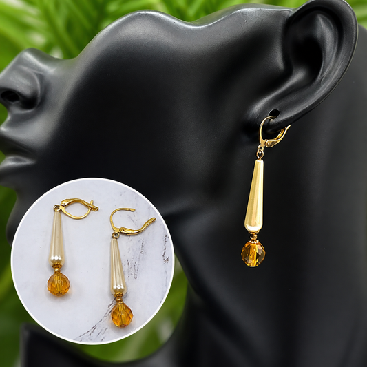 Elongated Teardrop Pearl & Gold Glass Crystal Drop Dangle Earrings - Handmade