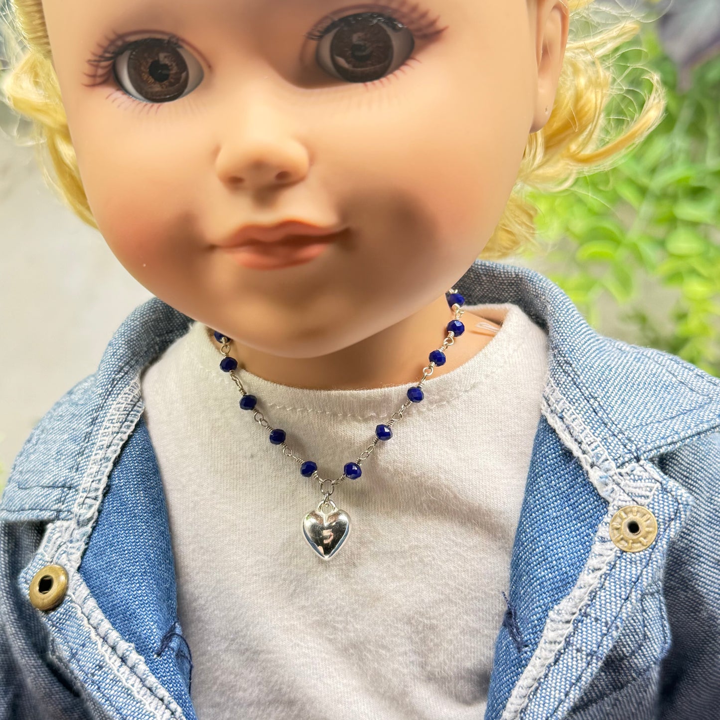 Blue Crystal Beaded Silver Heart Charm Doll Necklace • 18 Inch Fashion Doll Jewelry