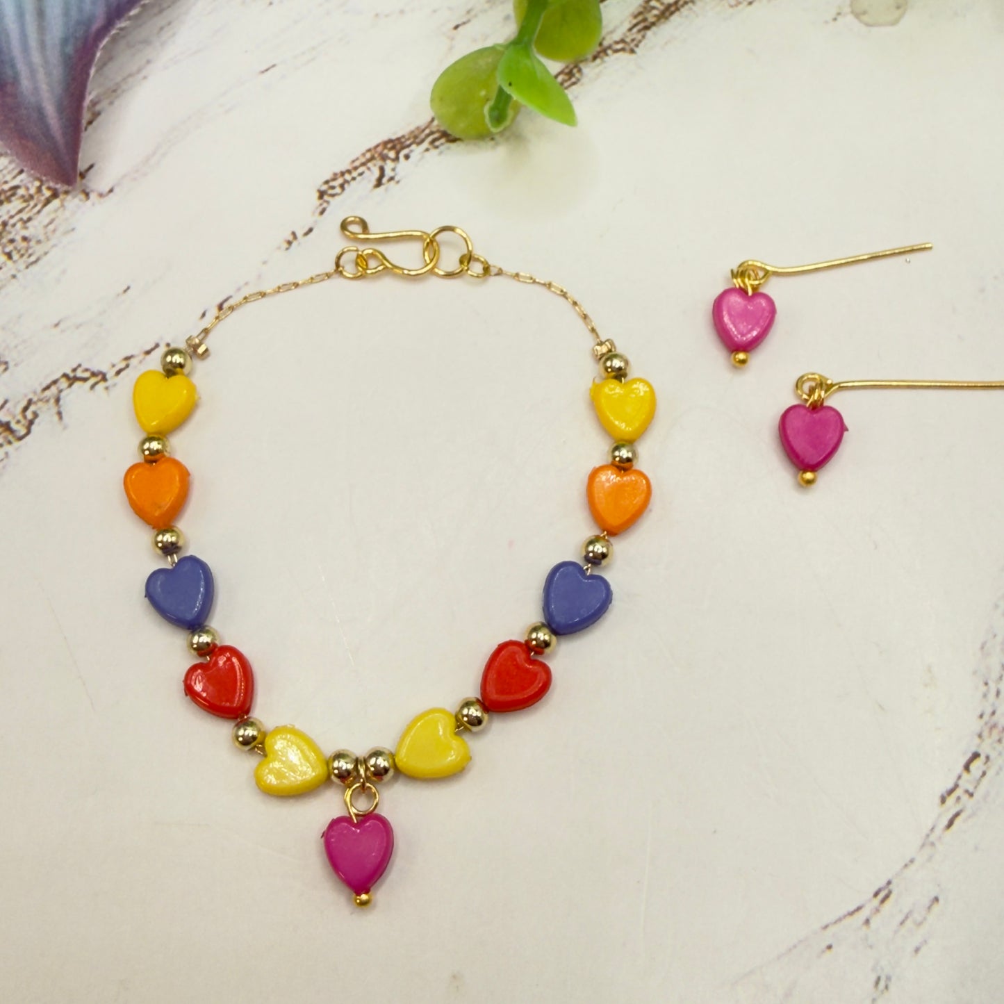 Rainbow Multi Color Heart Beaded Doll Necklace & Earrings Set • 18 Inch Fashion Doll Jewelry
