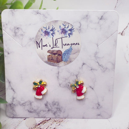 Red White Enamel Gold Metal Christmas Bell Post Earrings • 18 Inch Fashion Doll Jewelry