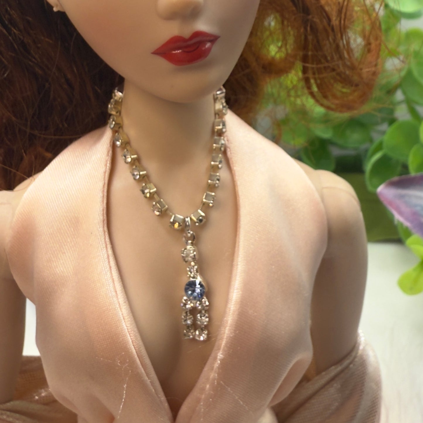 Clear & Blue Rhinestone Y-Drop Doll Necklace • 16 Inch Fashion Doll Jewelry