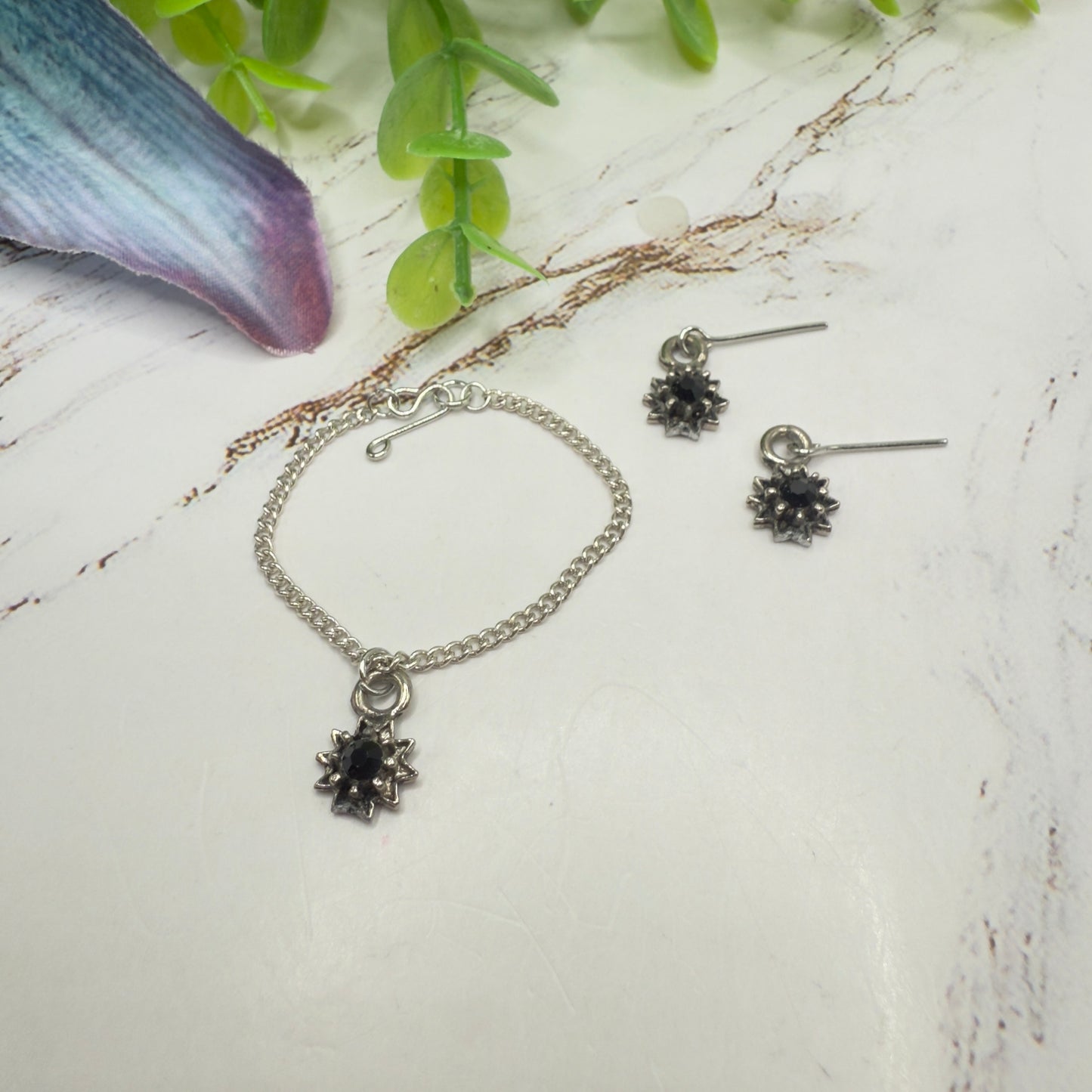 Black Rhinestone Flower Charm Silver Chain Doll Necklace & Earrings Set • 14 Inch Fashion Doll Jewelry