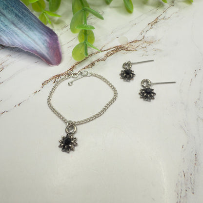 Black Rhinestone Flower Charm Silver Chain Doll Necklace & Earrings Set • 14 Inch Fashion Doll Jewelry