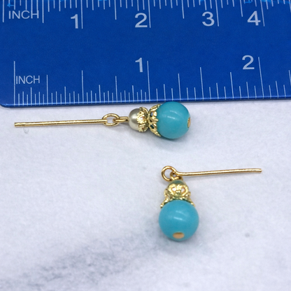 Turquoise Blue Glass Pearl Gold Tone Doll Earrings • 18” Fashion Doll Jewelry