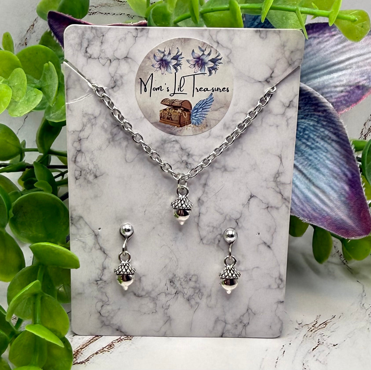 Acorn Harvest Autumn Charm Silver Doll Necklace and 2mm Post Earrings Set | for 18 Inch Fashion Doll • American Girl
