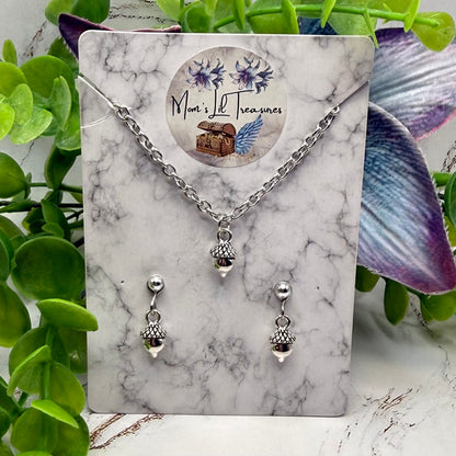 Acorn Harvest Autumn Charm Silver Doll Necklace and 2mm Post Earrings Set | for 18 Inch Fashion Doll • American Girl