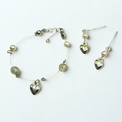 Silver Heart Charm Nylon String Pearl & Acrylic Crystal Necklace & Earrings • 14 Inch Fashion Doll Jewelry