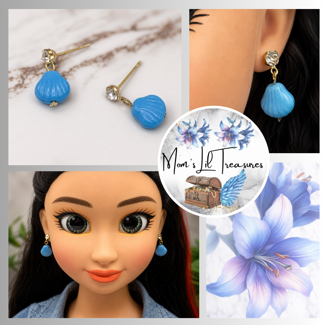 Blue Glass Shell Rhinestone Post Dangle Doll Earrings • 18 Inch Doll Jewelry