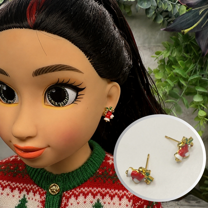 Red White Enamel Gold Metal Christmas Bell Post Doll Earrings • 18 Inch Fashion Doll Jewelry