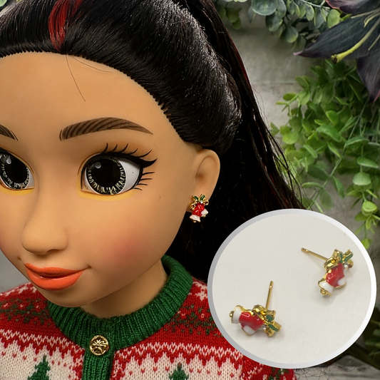 Red White Enamel Gold Metal Christmas Bell Post Doll Earrings • 18 Inch Fashion Doll Jewelry