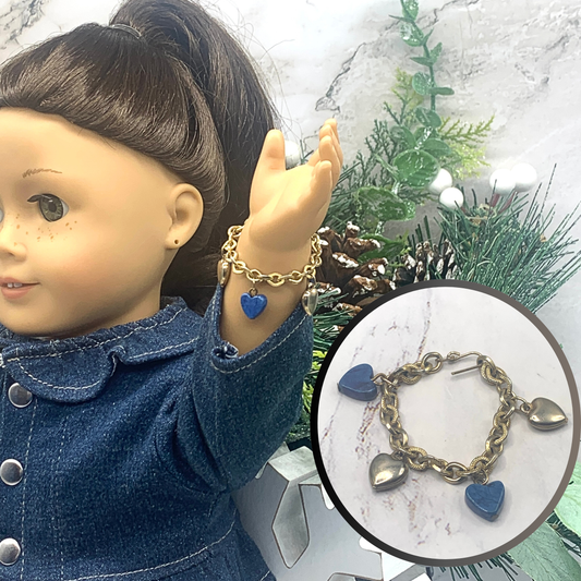 Blue Glass Gold Heart Charm Doll Bracelet • 18 Inch Fashion Doll Jewelry