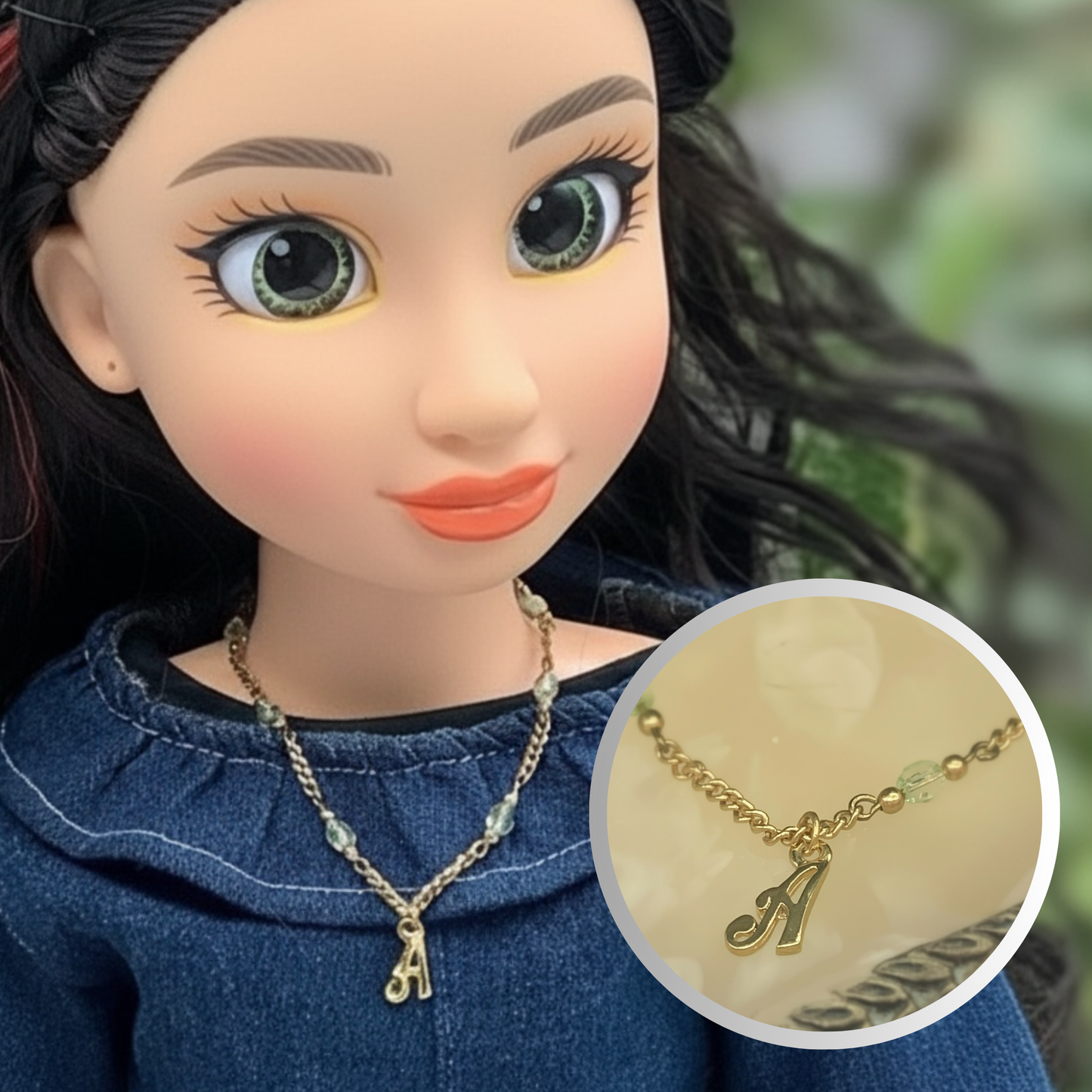 Initial Letter A Green Crystals Gold Doll Necklace • 18 inch Doll Jewelry