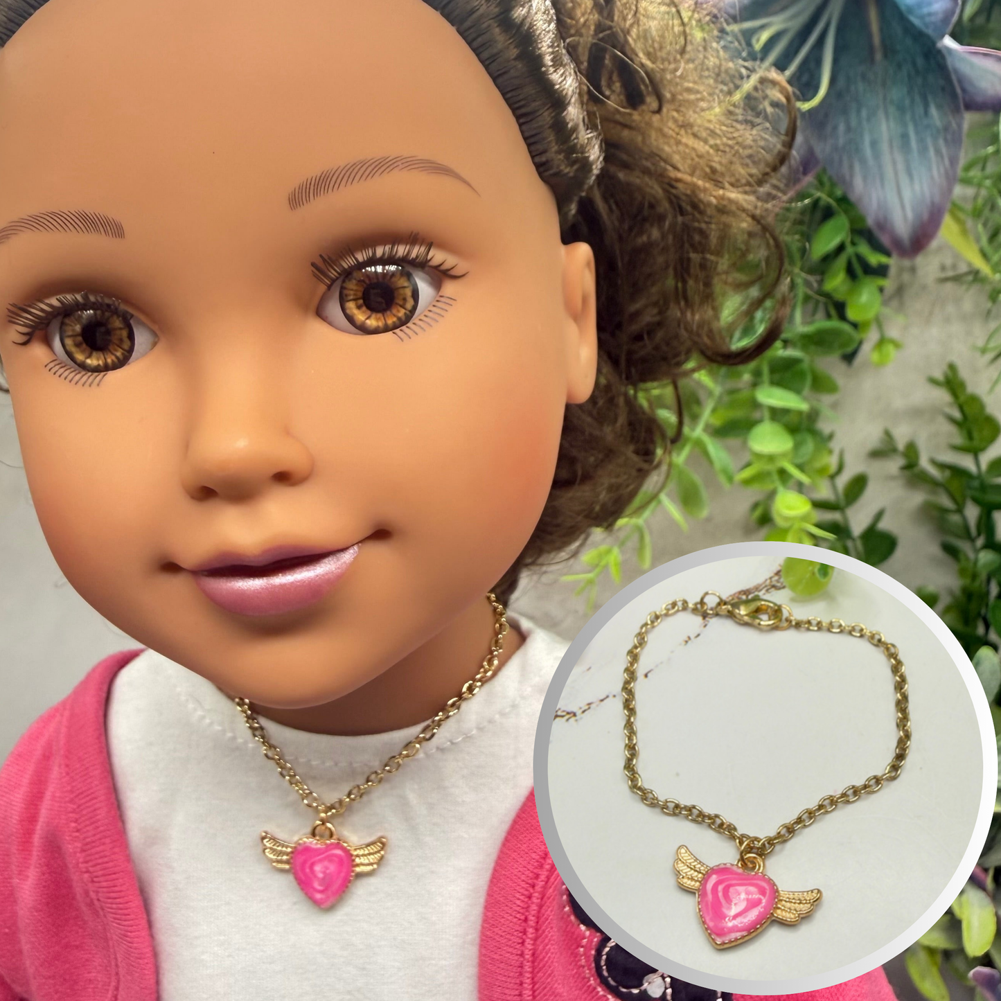 Pink Heart W/ Wings Pendant Gold Chain Doll Necklace • 18 Inch Fashion Doll Jewelry