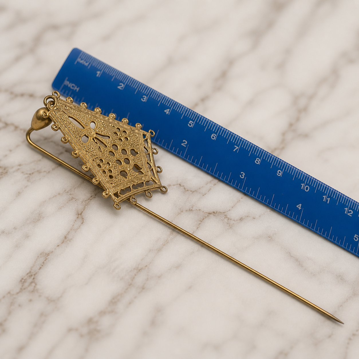 Floral Design Metal Dangle -  Gold Tone - 5” Pin • Hatpin - Stick Pin