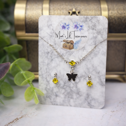 Silver Butterfly Yellow Rhinestone Charm Doll Necklace & Earrings • 10-12 Inch Fashion Doll Jewelry 1:6