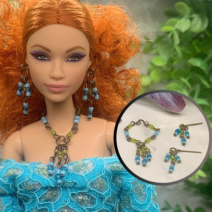 Blue Yellow Brass Tone Multi Dangle Necklace Earring Set • 10-12” 1:6 Doll Jewelry