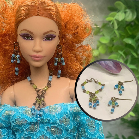 Blue Yellow Brass Tone Multi Dangle Necklace Earring Set • 10-12” 1:6 Doll Jewelry