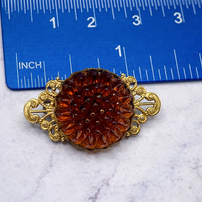 Gold Tone Filigree Brown Acrylic Button Flower Design • Doll Brooch